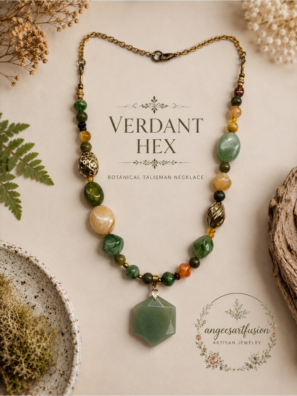 “Verdant Hex”-Green Aventurine Gemstone,Mossy Green Stones,Vintage Acrylic,Amber - Picture 1 of 7